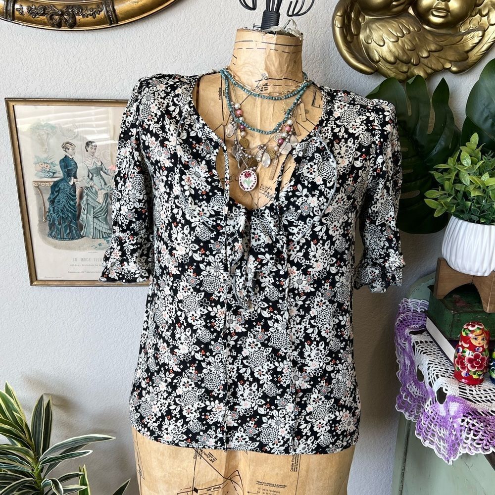 Sanctuary Black White Orange Ditsy Floral Ruffle Shabby Chic Blouse Sz S Cottage